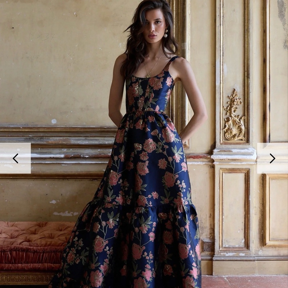 V. Chapman Avery Dress in Navy Tudor Rose Brocade